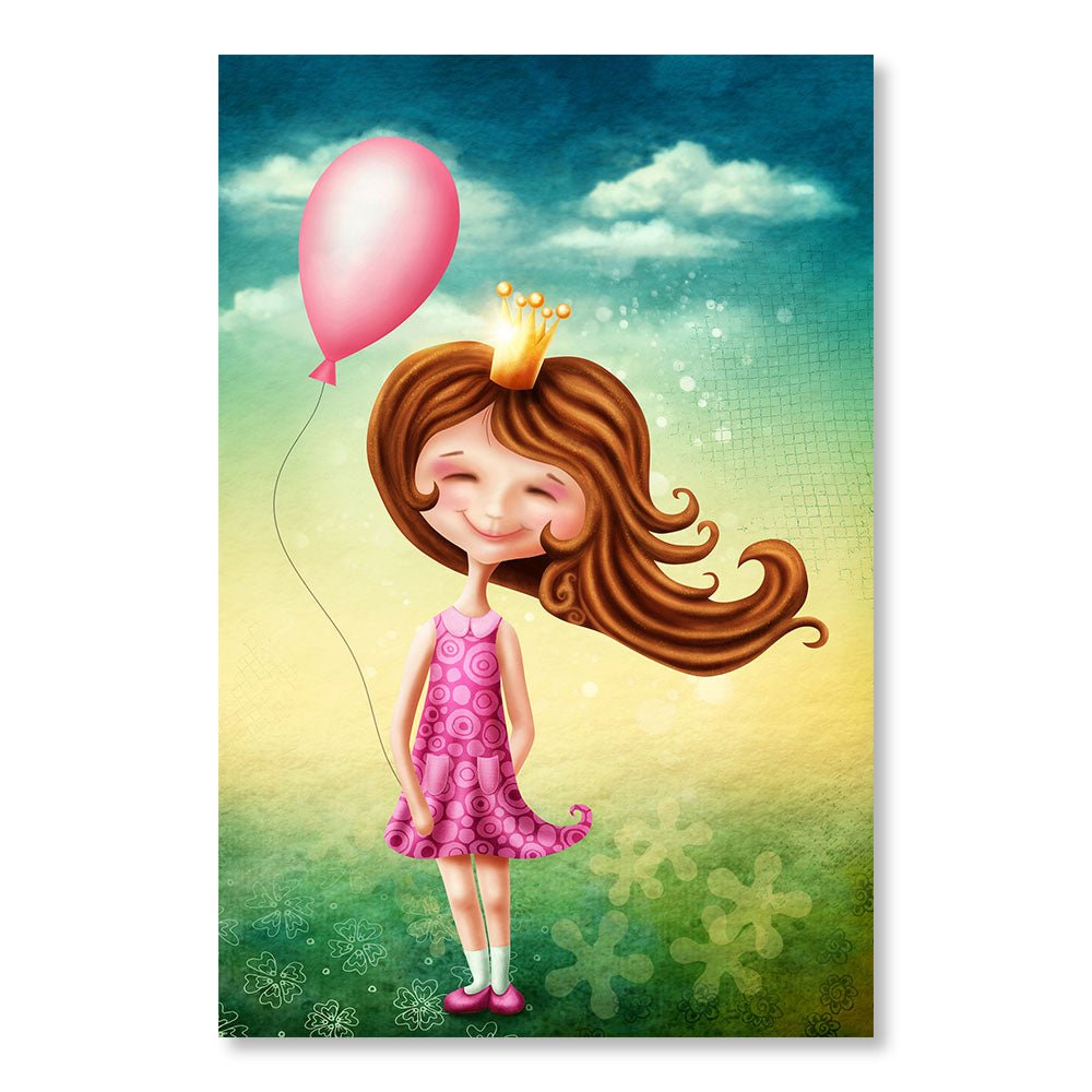 Tableau Moderne pas cher DST0023 - Illustration d'une jeune fille avec un ballon rose - Tableau Déco pour enfant