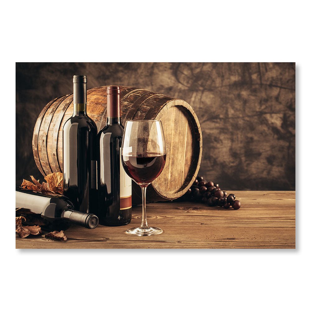 Tableau Moderne pas cher DST0041 - Bouteilles et verre de vin rouge avec tonneau et raisin