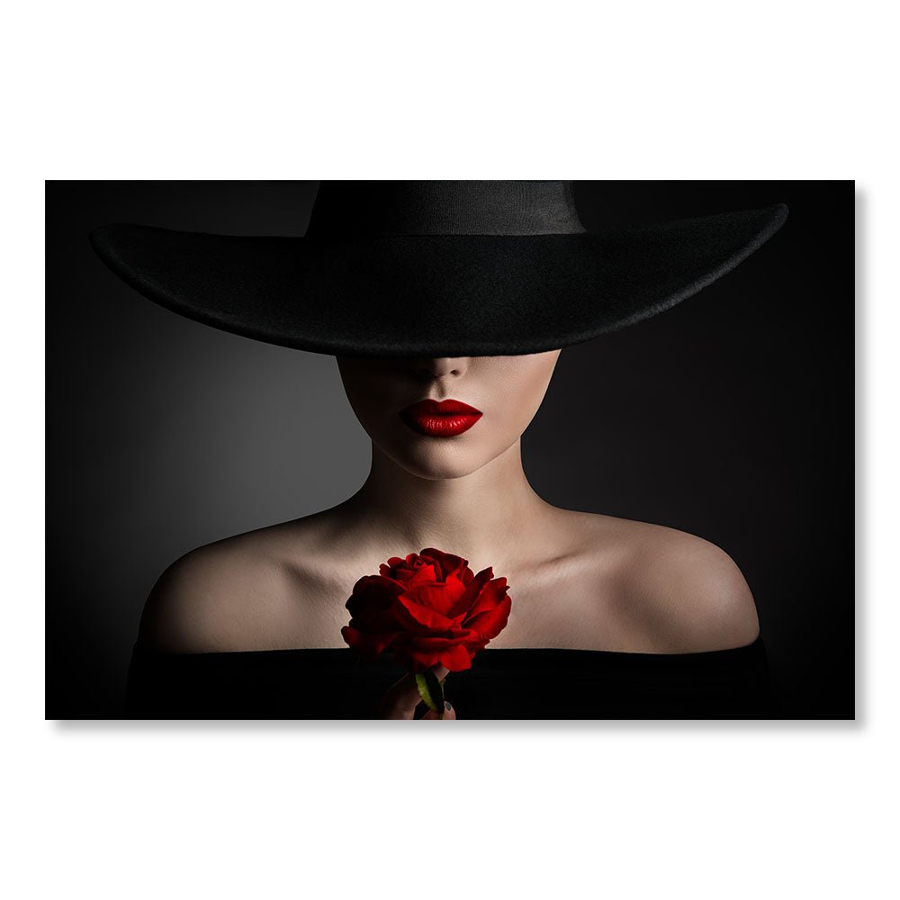 Tableau Moderne pas cher DST0044 - Femme au chapeau tenant une Rose Rouge - Tableau déco Glamour