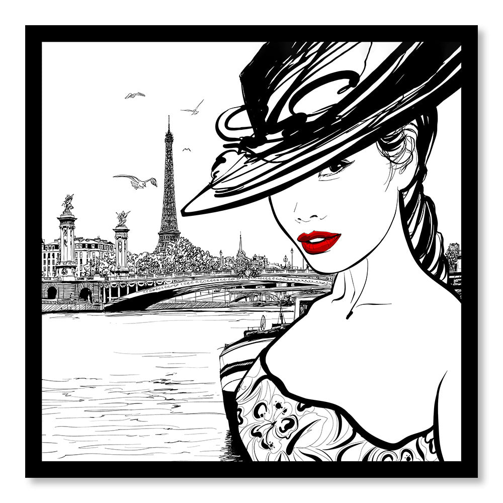Tableau Moderne pas cher DST0118 - Illustration Jeune Femme au chapeau à Paris - Tableau déco Vintage Rétro