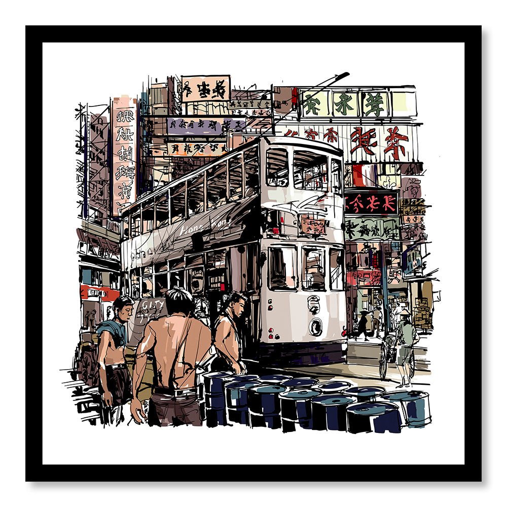 Tableau Moderne pas cher DST0145 - Hong Kong tram sur la rue - Tableau déco Illustration Ville