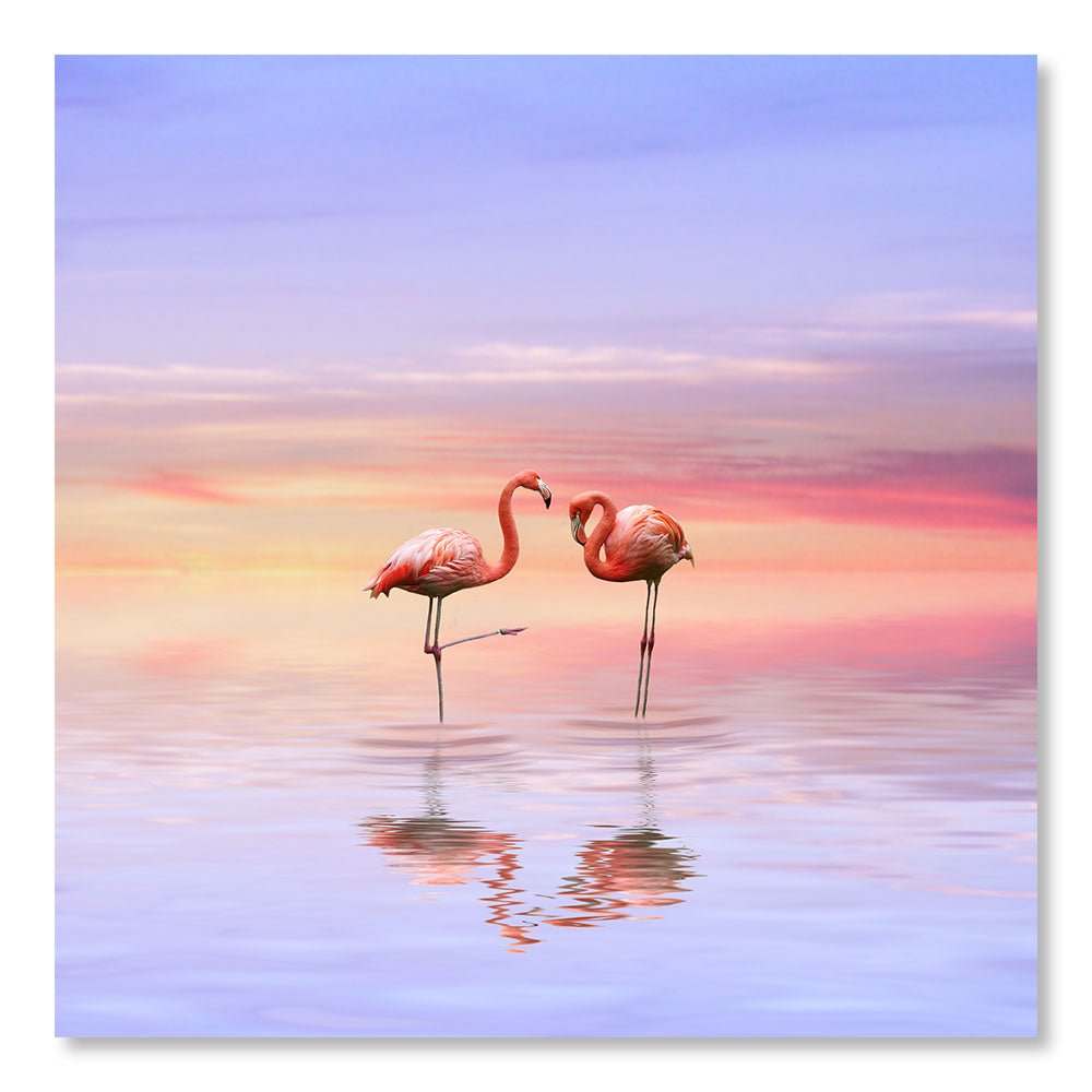 Modernes Design Wanddekoration Gemälde DST0003 - Zwei Flamingos im Wasser mit Spiegelung - Tiere dekoratives Gemälde - Printadeco