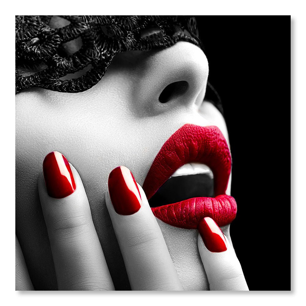 Modernes Design-Wanddekorationsgemälde DST0006 – Gesicht einer maskierten Frau mit roten Lippen und Nägeln – Glamour-Dekorationsmalerei – Printadeco