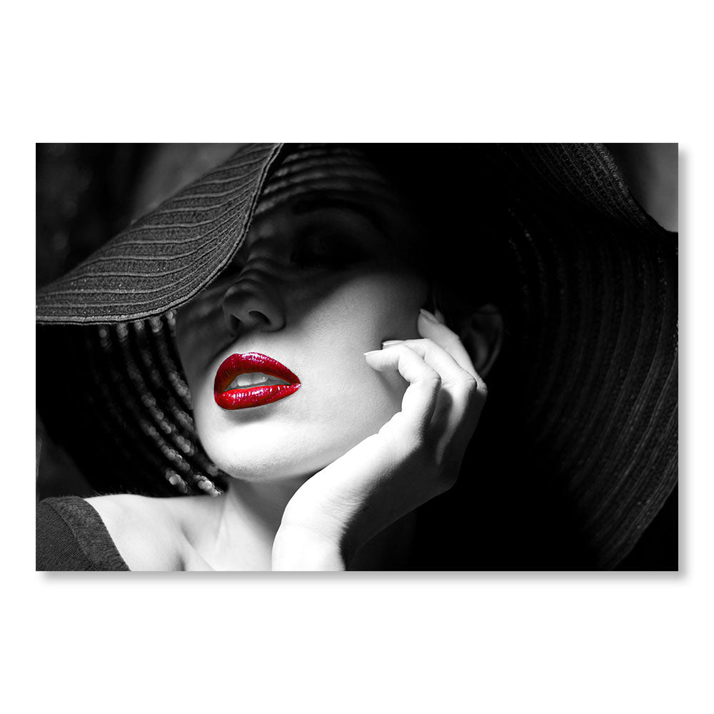 Modernes Design Wanddekoration Gemälde DST0010 – Frau mit Hut mit roten Lippen – Glamour dekoratives Gemälde – Printadeco