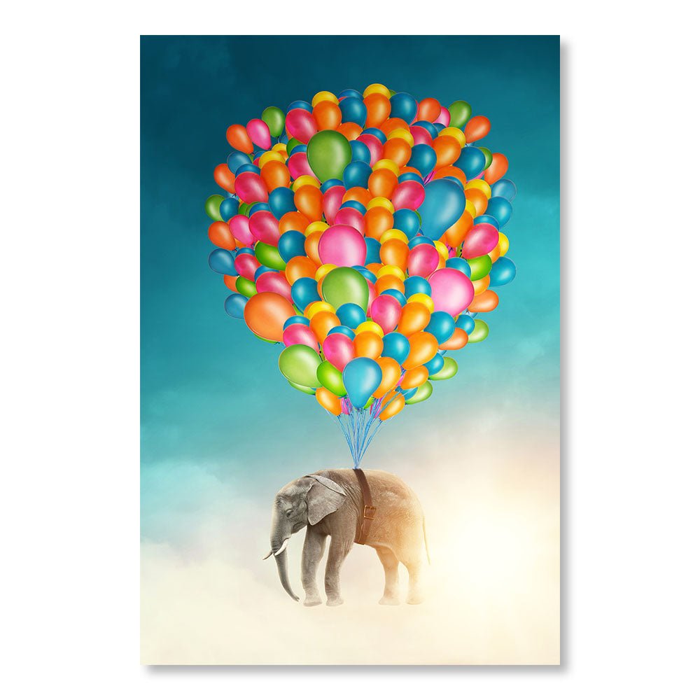 Modernes Design-Wanddekorationsgemälde DST0030 - Fliegender Elefant, getragen von bunten Luftballons - Printadeco