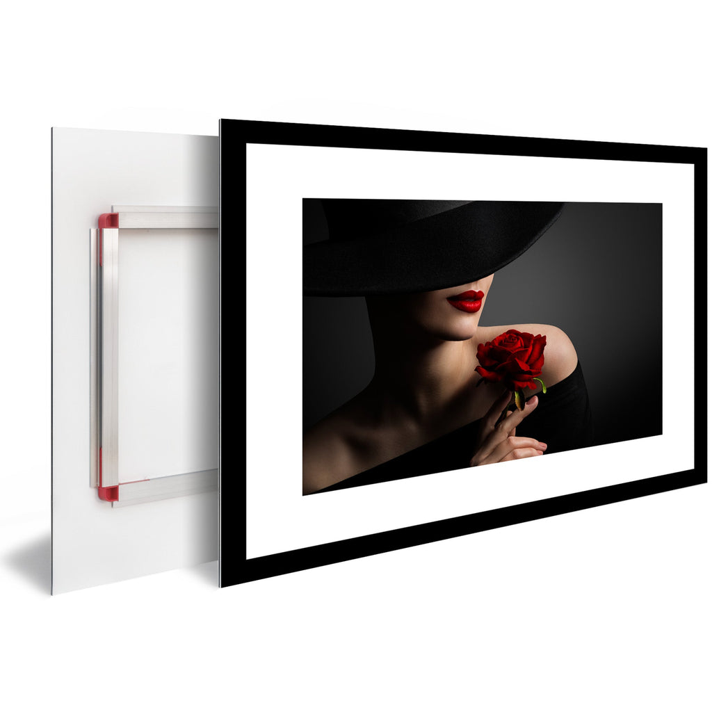 Tableau Décoration Murale Moderne Design DST0045 - Femme au Chapeau Noir avec une Rose et des lèvres Rouges - Tableau déco Glamour - Printadeco