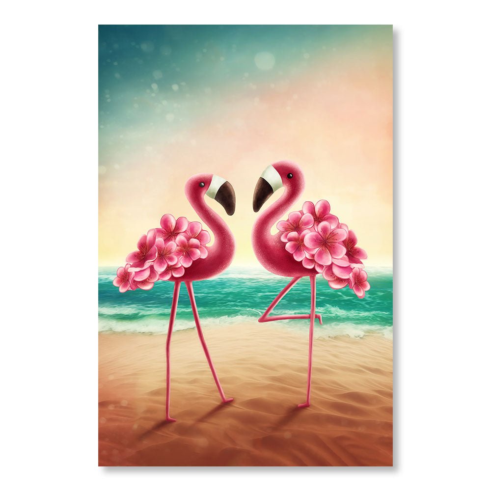 Modernes Design Wanddekoration Gemälde DST0049 - Illustration 2 Flamingos am Strand - Dekoratives Gemälde für Kinder - Printadeco