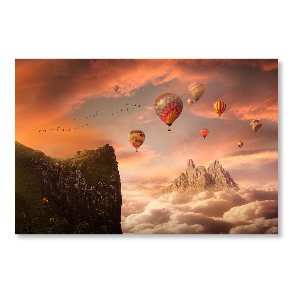 Modernes Design-Wanddekorationsgemälde DST0050 – Heißluftballons in einer Berglandschaft – Fantasie-Dekorationsgemälde – Printadeco