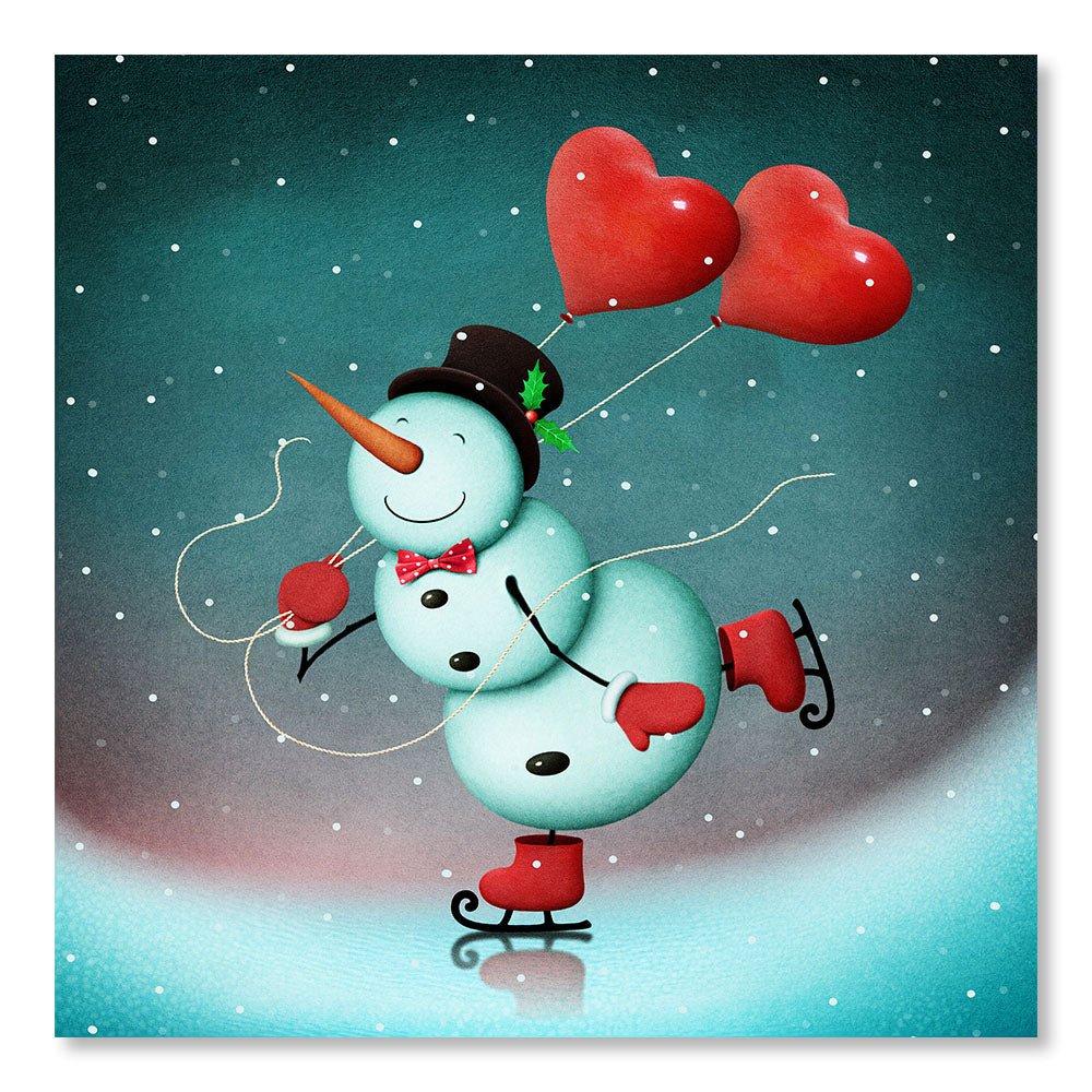 Tableau Moderne pas cher DST0053 - Bonhomme de neige en Patins à Glace avec Coeurs - Tableau Déco pour enfant