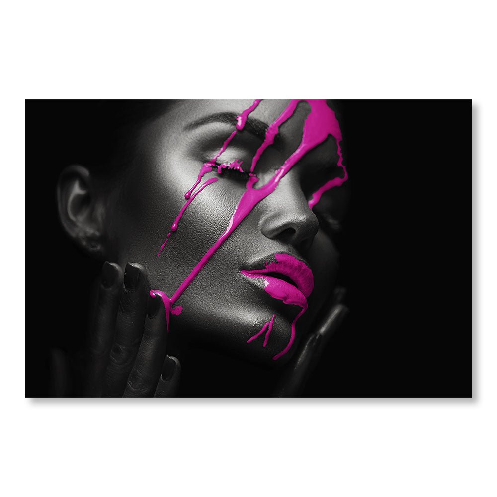 Modernes Design-Wanddekorationsgemälde DST0063 – Frauengesicht mit rosafarbenem, violettem Wachs – Glamour-Deko-Gemälde – Printadeco