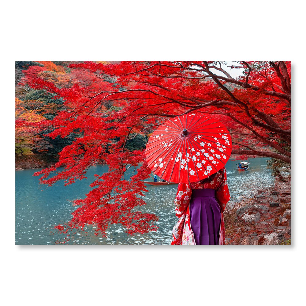 Modernes Design-Wanddekorationsgemälde DST0065 – Frau im Kimono mit rotem Sonnenschirm in Kyoto, Japan – Zen Inspiration Dekoratives Gemälde – Printadeco