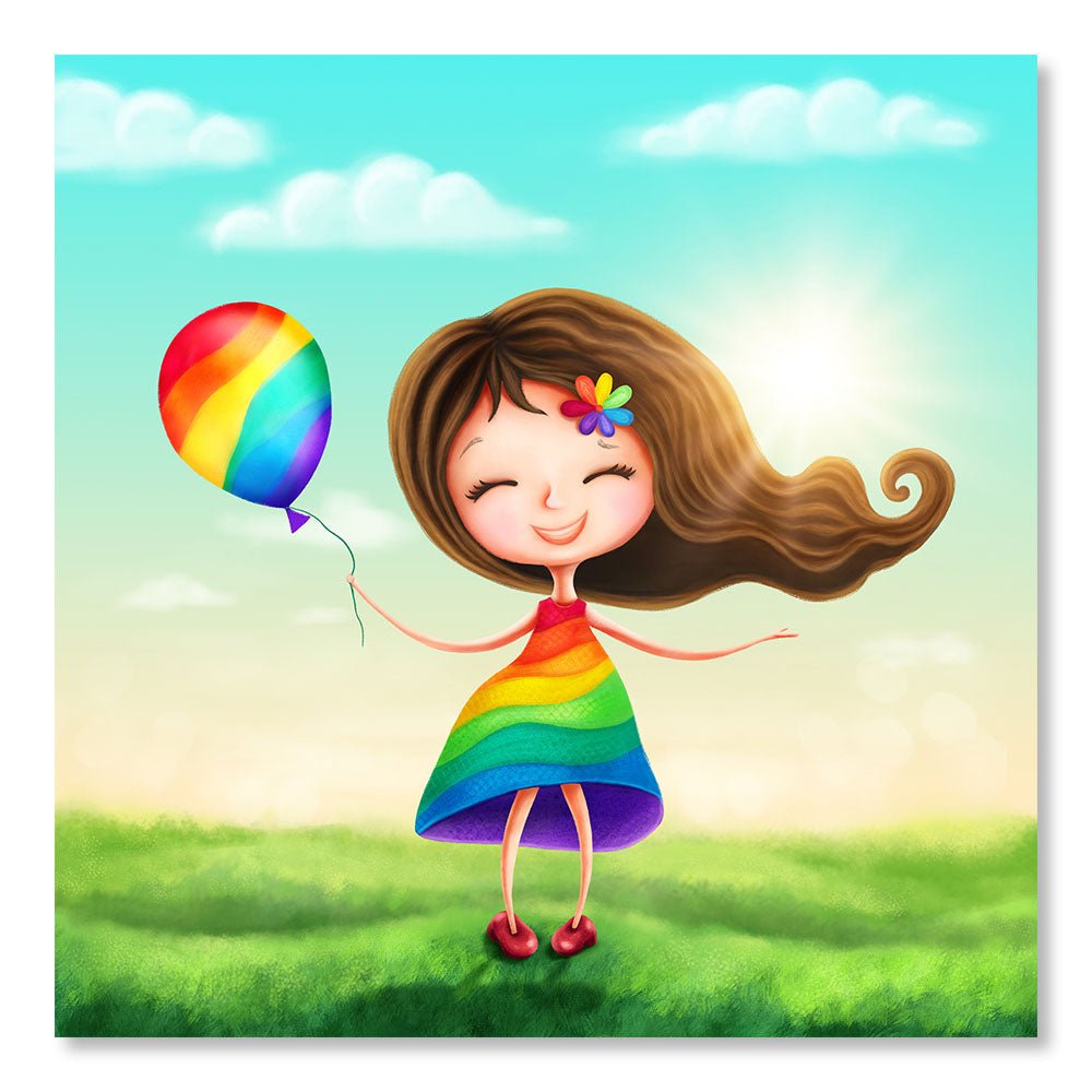 Modern Design Wall Decoration Painting DST0068 - Girl Illustration with Dress and Rainbow Balloon - Decorative Painting for Children - Printadeco