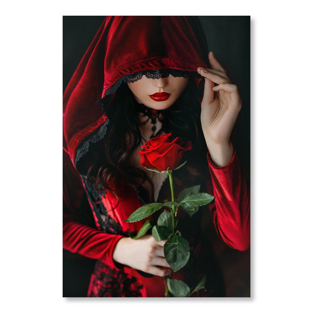Modernes Design Wanddekorationsgemälde DST0071 - Vampirfrau mit roter Rose - Fantasie-Dekorationsgemälde - Printadeco
