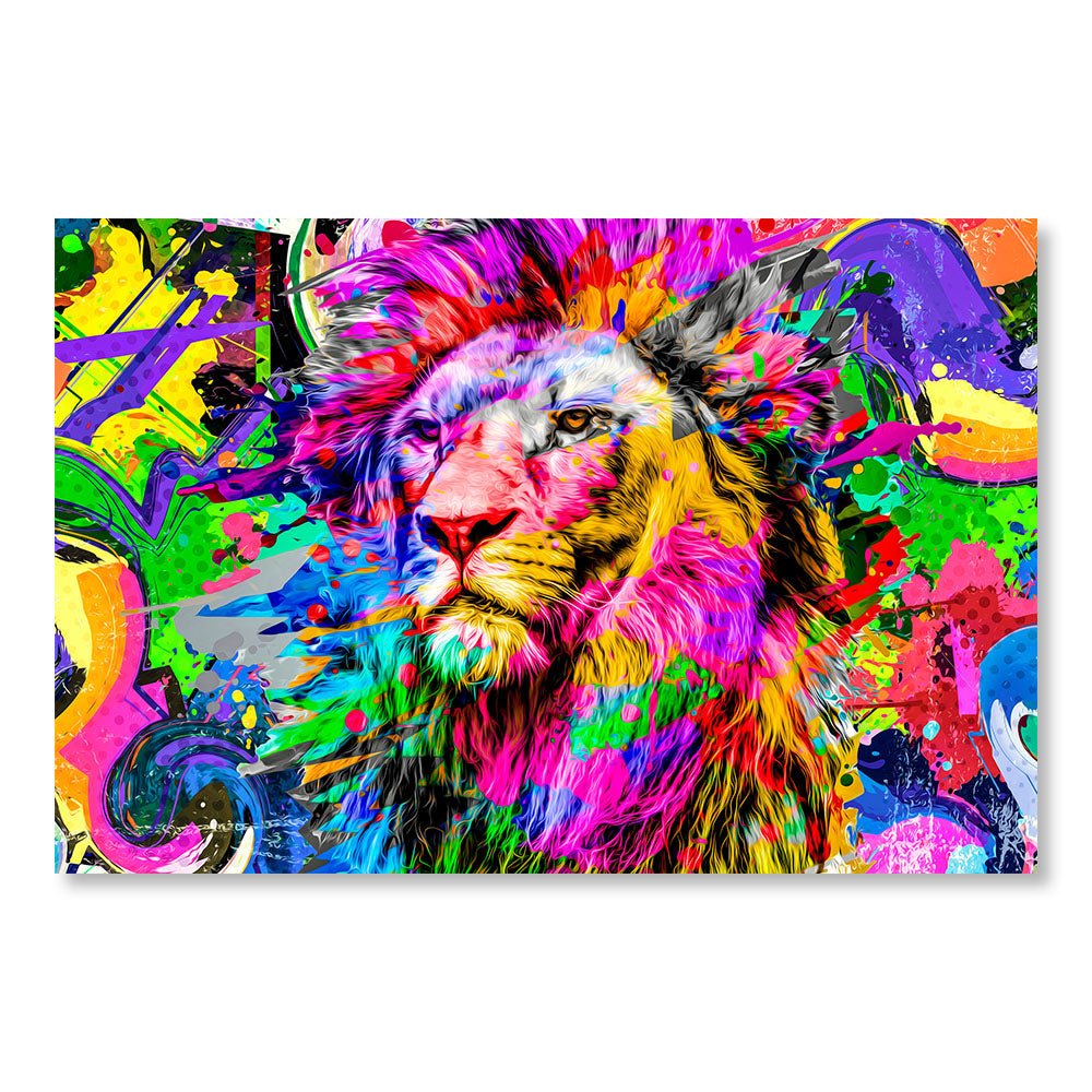 Modernes Design-Wanddekorationsgemälde DST0073 – Mehrfarbiger Löwe, kreative Illustration – farbenfrohes dekoratives Gemälde – Printadeco