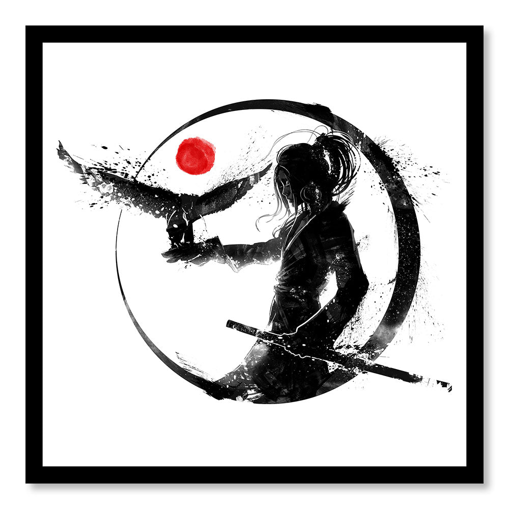 Modernes Design-Wanddekorationsgemälde DST0091 – Samurai-Frau mit einem Adler im japanischen Stil – Fantasie-Dekorationsgemälde – Printadeco