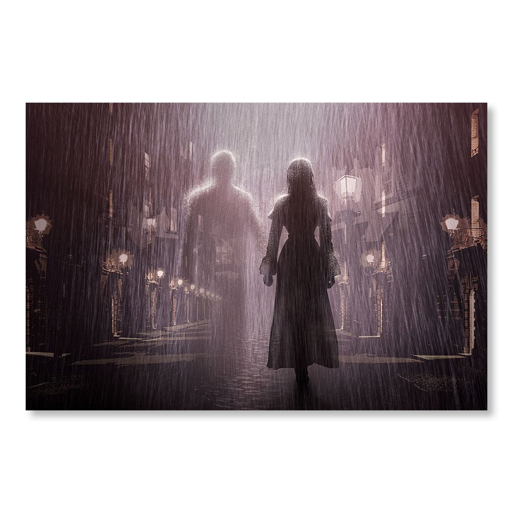 Modernes Design-Wanddekorationsgemälde DST0092 – Gespenstisches Paar im Regen, das auf der Straße spazieren geht – Fantasie-Dekorationsgemälde – Printadeco