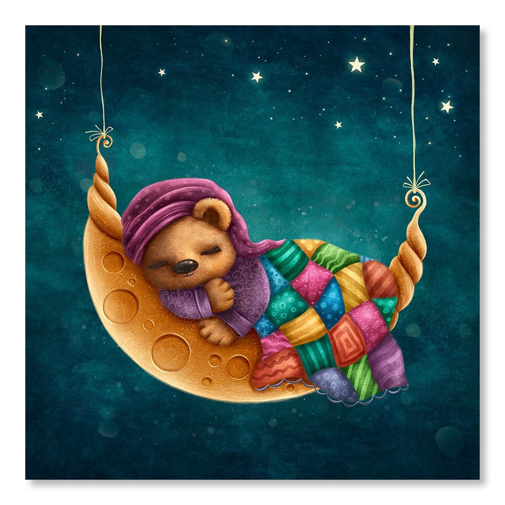 Günstiges modernes Gemälde DST0099 – Bär schläft auf dem Mond – Dekoratives Gemälde für Kinder