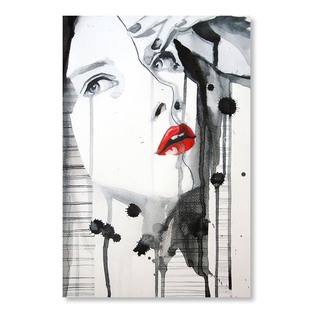 Modernes Design Wanddekoration Gemälde DST0104 – Frau Gesicht Illustration Rote Lippen – Dekoratives Gemälde im Aquarell-Stil – Printadeco