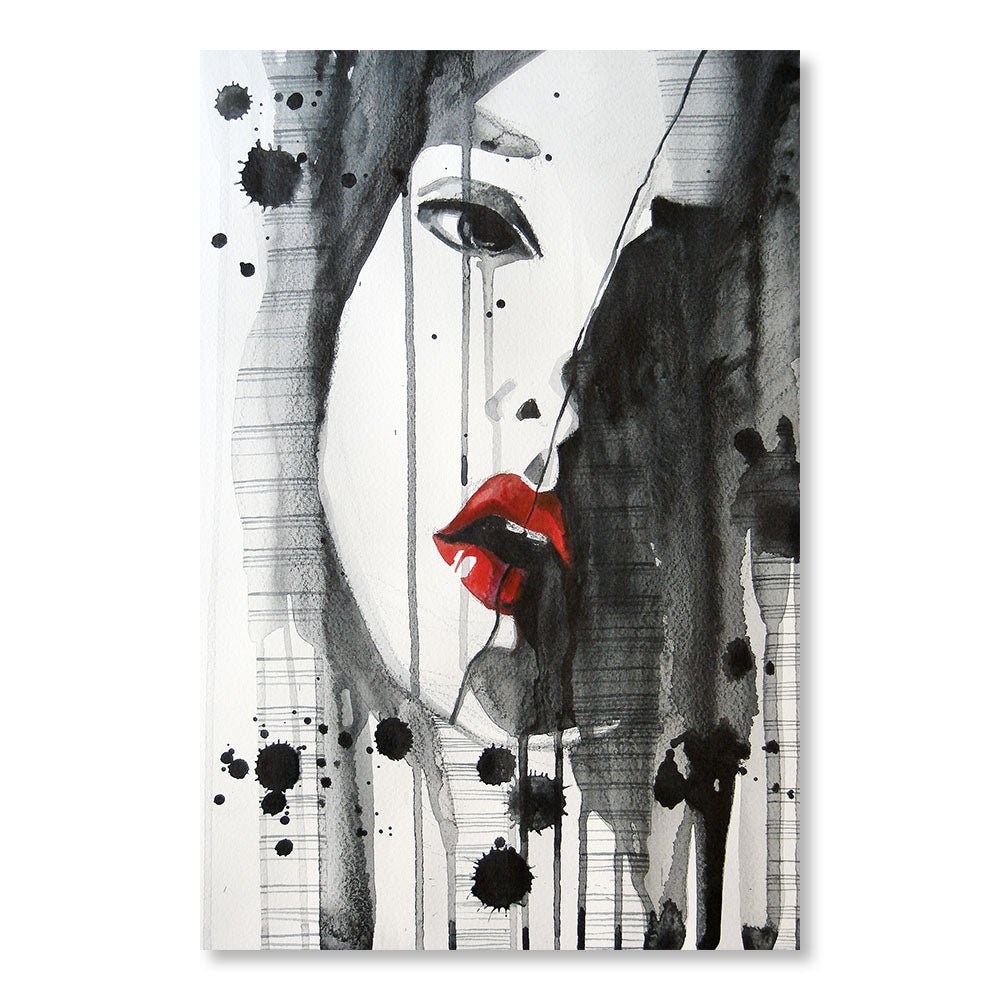 Modernes Design-Wanddekorationsgemälde DST0105 – Gesicht eines jungen Mädchens mit roten Lippen – dekoratives Gemälde im Aquarellstil – Printadeco