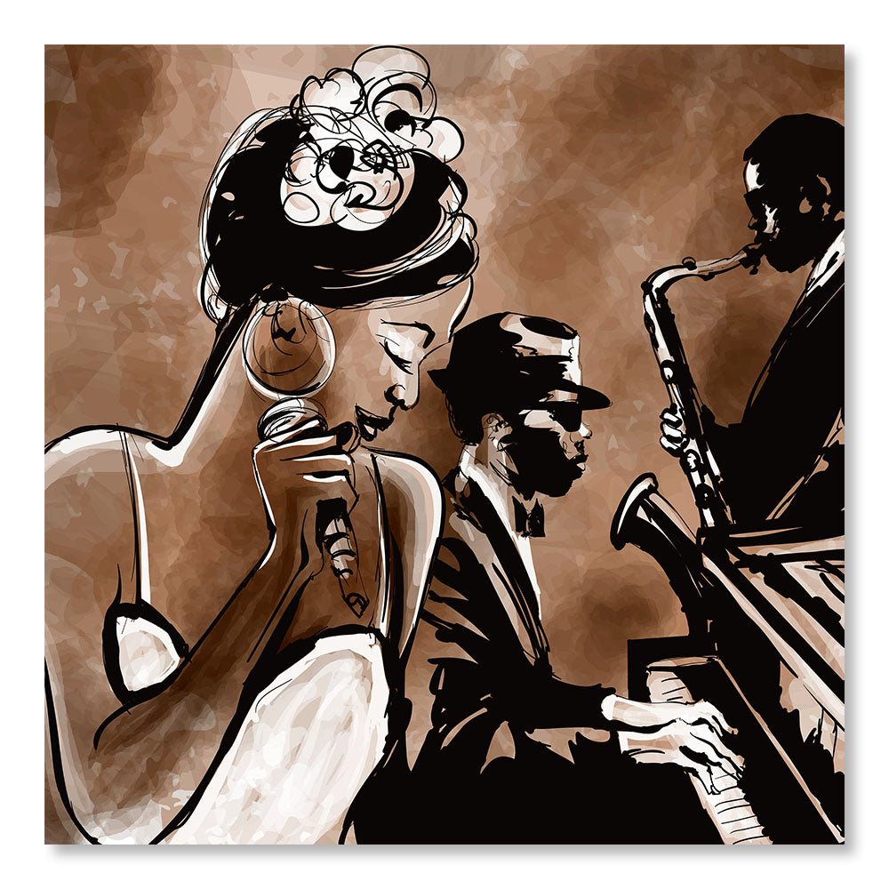 Günstiges modernes Gemälde DST0126 – Illustration eines Jazzsängers mit Klavier und Saxophon – dekoratives Retro-Vintage-Gemälde