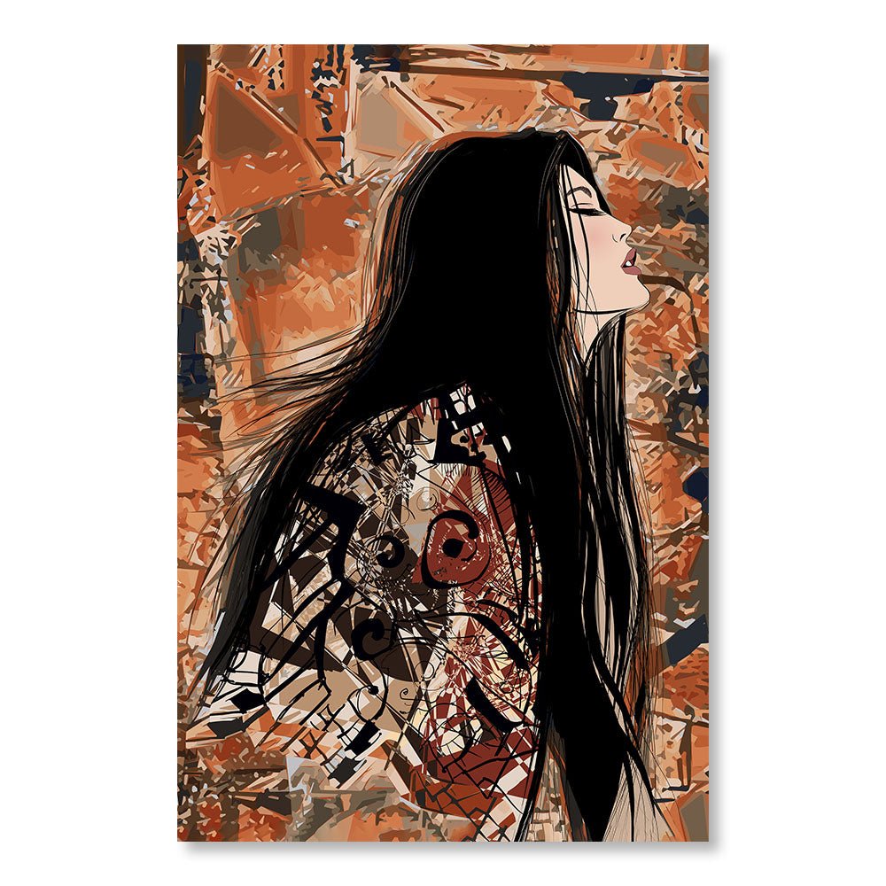 Modernes Design-Wanddekorationsgemälde DST0192 - Illustration einer jungen Frau mit langen Haaren - Vintage Retro-Dekorationsmalerei - Printadeco