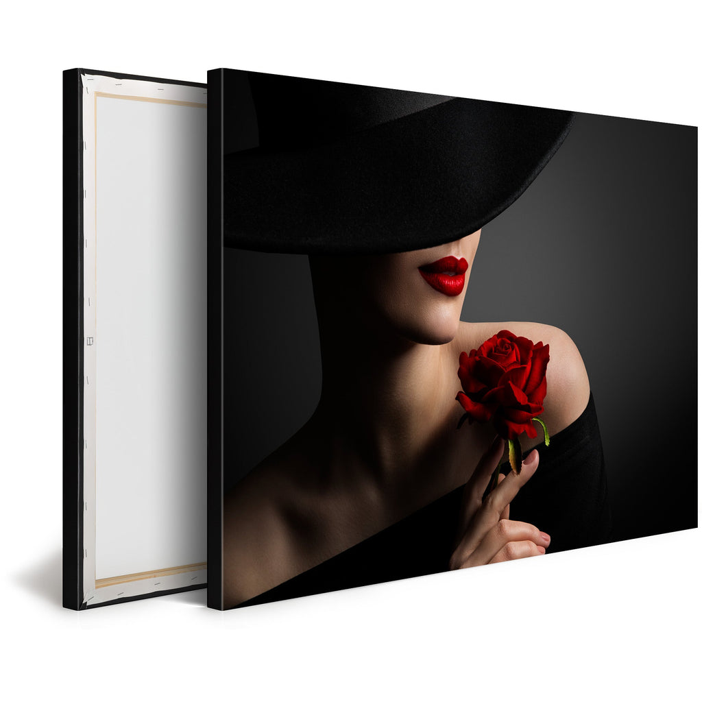 Tableau Moderne pas cher DST0045 - Femme au Chapeau Noir avec une Rose et des lèvres Rouges - Tableau déco Glamour