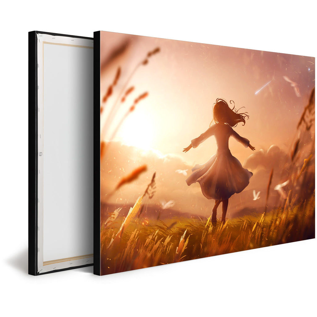 Tableau Moderne pas cher DST0096 - Illustration d'une Jeune fille dans les champs au soleil couchant - Tableau déco Fantastique