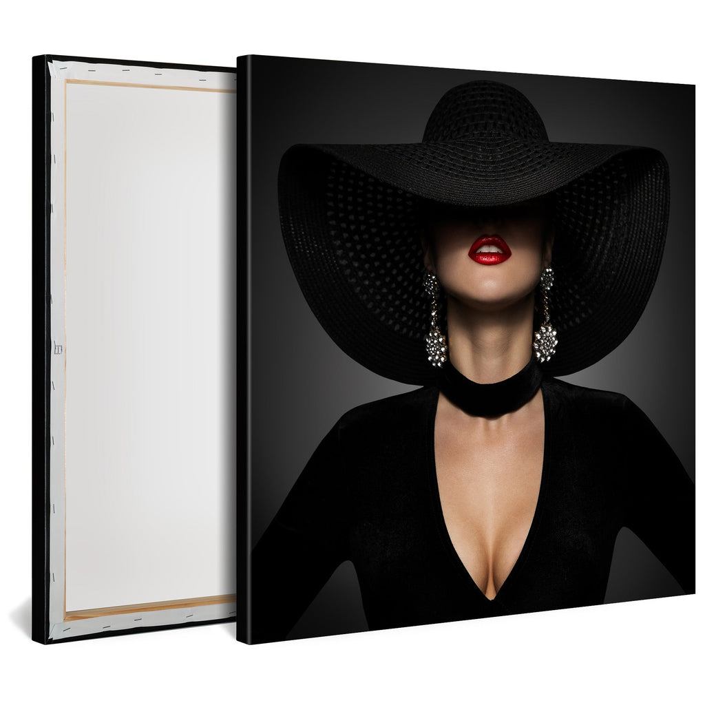 Tableau Moderne pas cher DST0174 - Femme au chapeau noir et lèvres rouges - Tableau déco Glamour